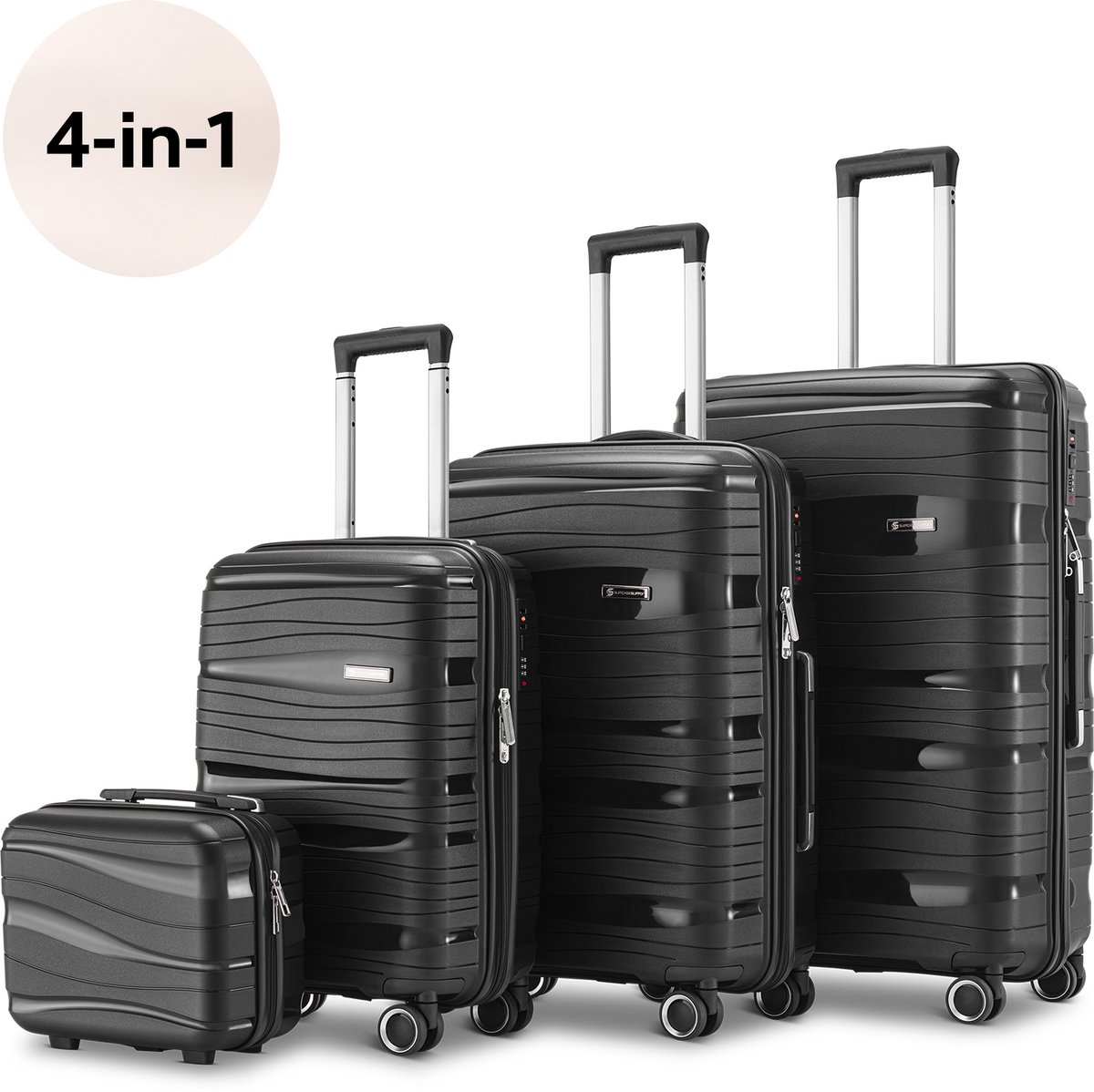 SKYCASES Travel One 4-delige Kofferset – Handbagage & Check-in Koffers – 32L/60L/98L – Cijferslot – 360° Geruisloze Wielen – Lichtgewicht & Stevig – Modern Design - Zwart