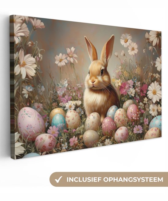 Canvas schilderij 180x120 cm - Exclusieve wanddecoratie Paashaas - Lente - Paaseieren - Muurdecoratie woonkamer - Slaapkamer decoratie - Kamer accessoires - Schilderijen op canvas - Pasen - Paasdecoratie - Paas versiering
