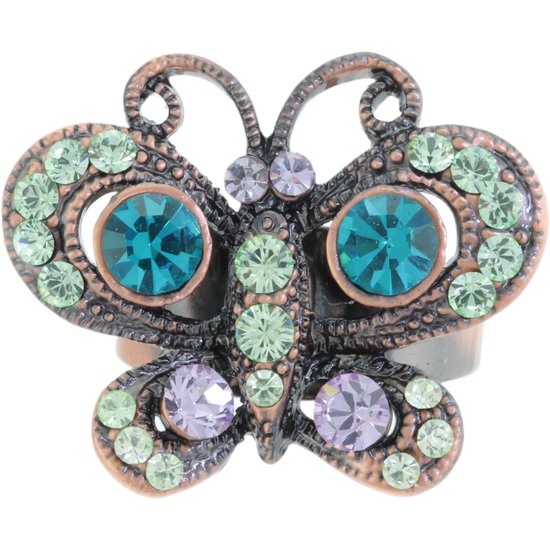 Behave - Ring - Bague papillon ajustable - Aspect cuivre antique avec cristaux bleus, verts et violets - Bijoux Boho Vintage