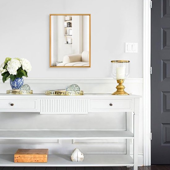 Miroir mural, 45x 35cm, montage mural, miroir de salle de bain, miroir doré élégant, décoration murale, rectangle, miroir mural avec coins incurvés pour hall, entrée, salon, chambre