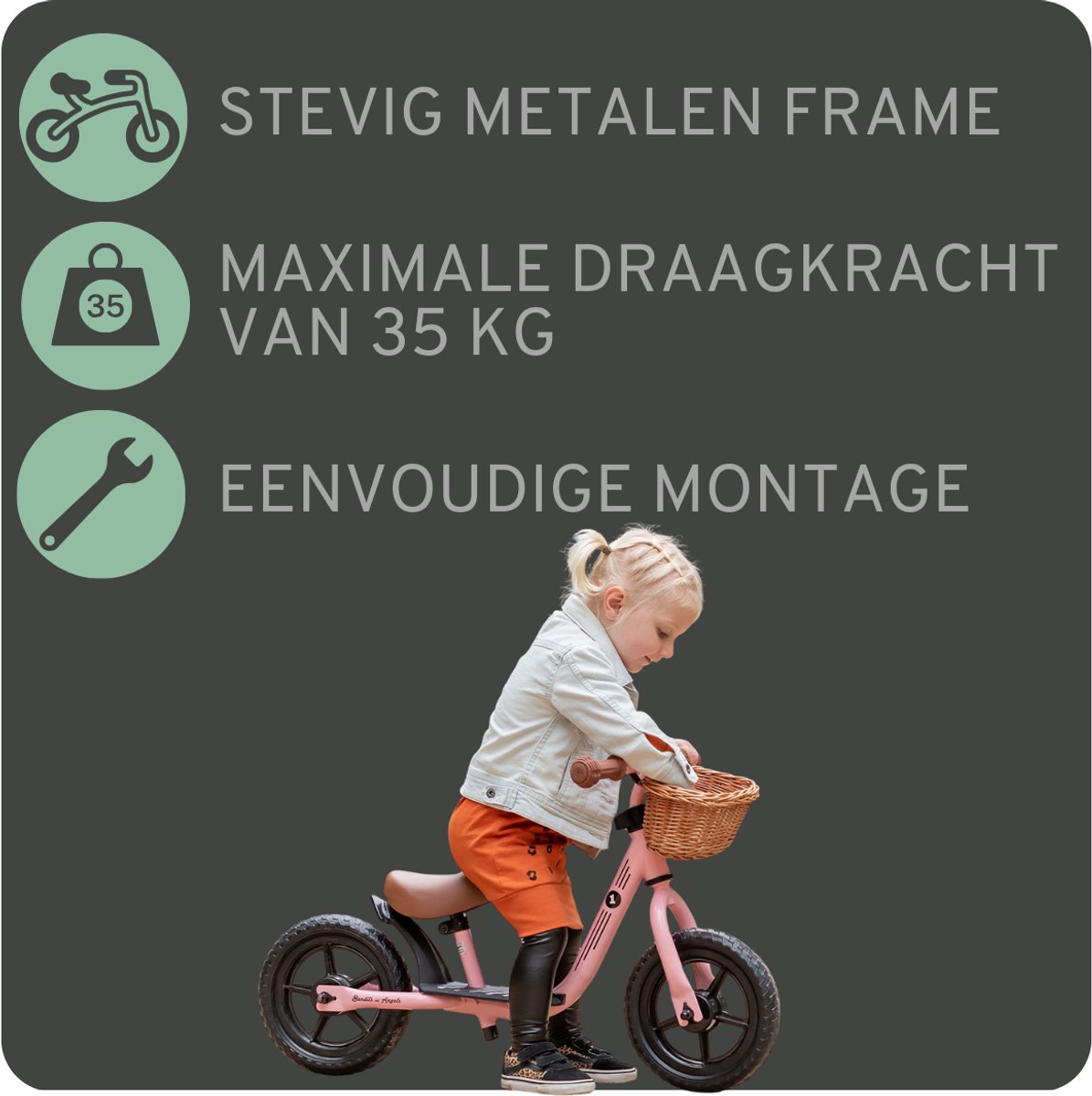 Bandits & Angels Metalen Loopfiets Met Mandje Starter Roze met Voetenplank vanaf 2 Jaar - Limited Edition - Roze Loop Fiets - Verstelbaar Zadel 29 tot 39 cm - Voor Jongens en Meisjes - Compact en Veilig - Lage Instap met Voetenplank — afbeelding 11