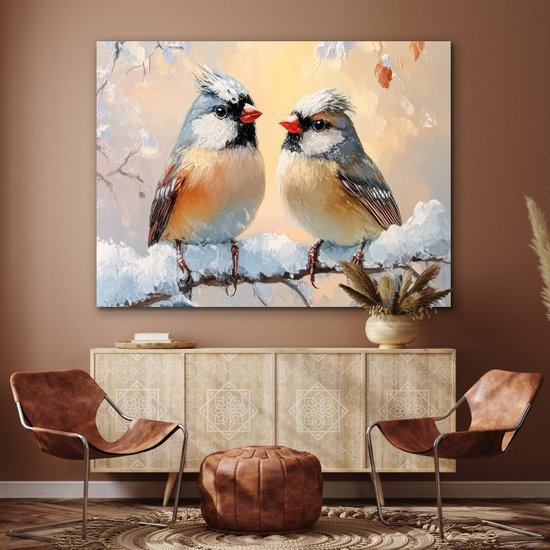 Aluminium schilderij 160x120 cm - Wanddecoratie metaal - Vogels - Tak - Winter - Sneeuw - Metalen muurdecoratie woonkamer - Decoratie industrieel - Foto op dibond - Industriële accessoires slaapkamer