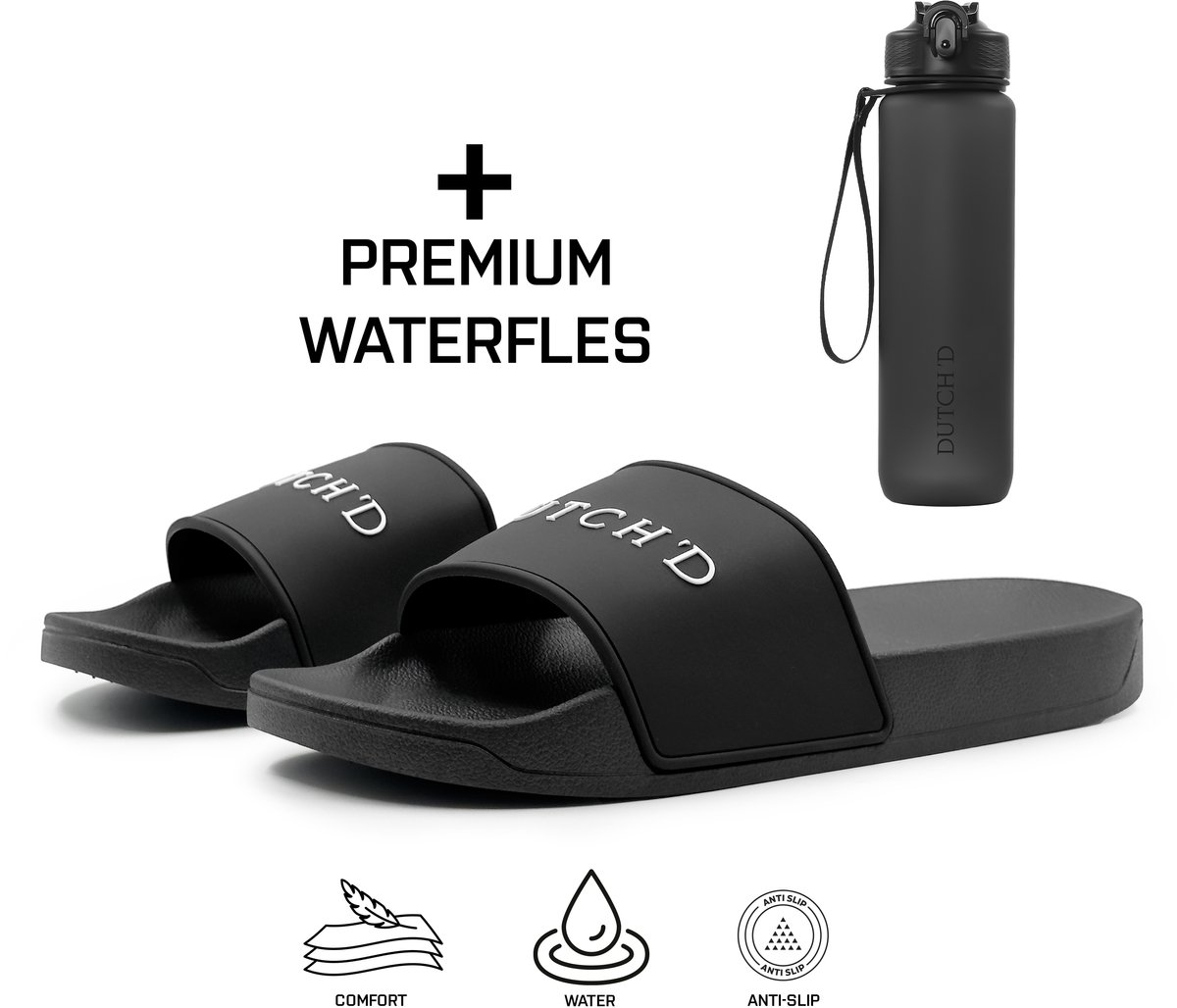 Dutch'D ® Rubberen slipper + Handige Waterfles! - Zwart/wit - Maat 41/42 - anti slip - Comfortabel - Dubbele maten - unisex - Heren Badslipper - Slippers - Badslippers