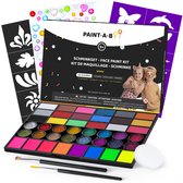 Maquillage à base d'eau Paintaboo - Ensemble de peinture pour le visage Enfants - Pinceaux, éponge, Modèles et paillettes - 42 couleurs