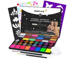foto van Paintaboo Schmink op Waterbasis - Schminkset Kinderen - Penselen, Sponsje, Sjablonen en Glitters - 42 Kleuren - Pride