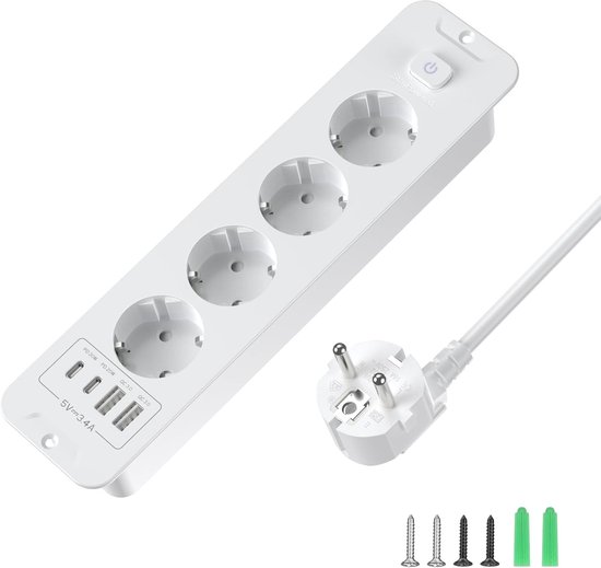 StayPowered Inbouw Stekkerdoos - Compact & Krachtig Opladen - 4 Stopcontacten - 2 USB + 2 USB-C Poorten - Snelle Oplaadfunctie - Vlamvertragend Materiaal - 2m Kabel - Vier Individuele Schakelaars - Wit - Levering Sneller dan Aangegeven!