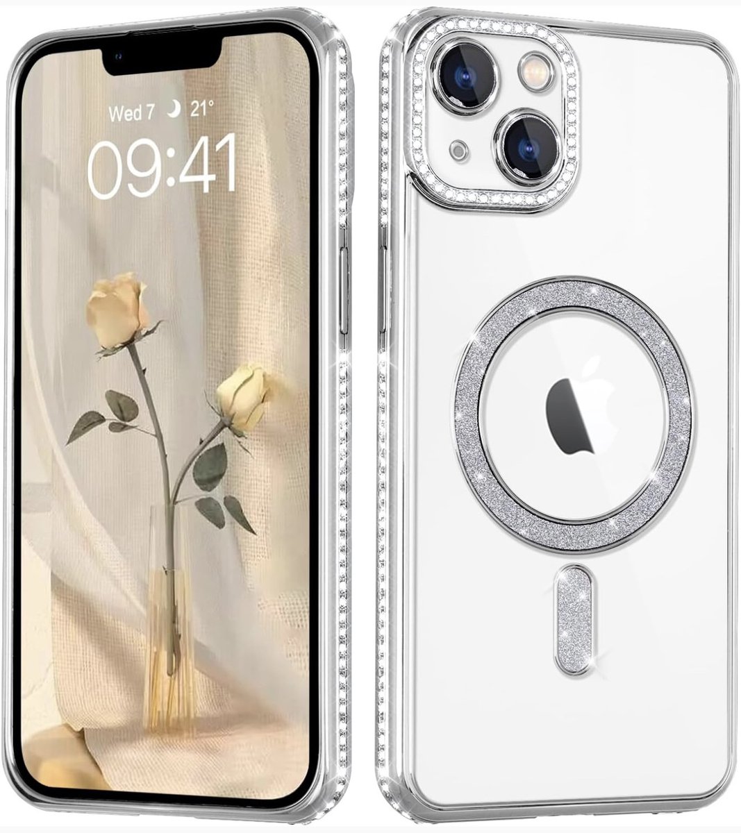 Zilver MagSafe Hoesje met Diamantjes en Glitter geschikt voor iPhone 15 Plus