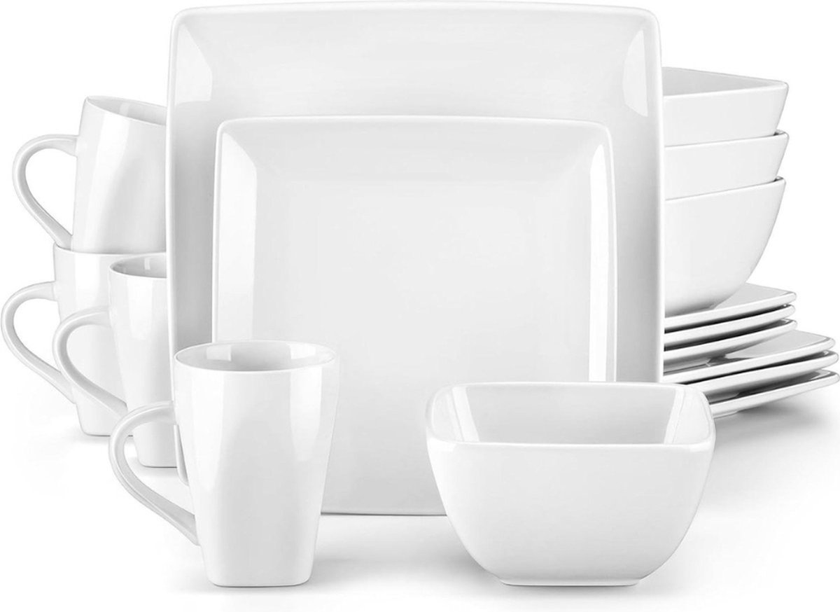 16-delig tafelservies van aardewerk - borden dessertborden kommen kopjes - wit - voor 4 personen