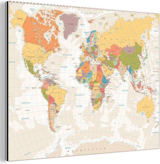 Aluminium schilderij 80x60 cm - Wanddecoratie metaal - Wereldkaart - Retro - Kleuren - Educatief - Staatkundig - Metalen muurdecoratie woonkamer - Decoratie industrieel - Foto op dibond - Industriële accessoires slaapkamer