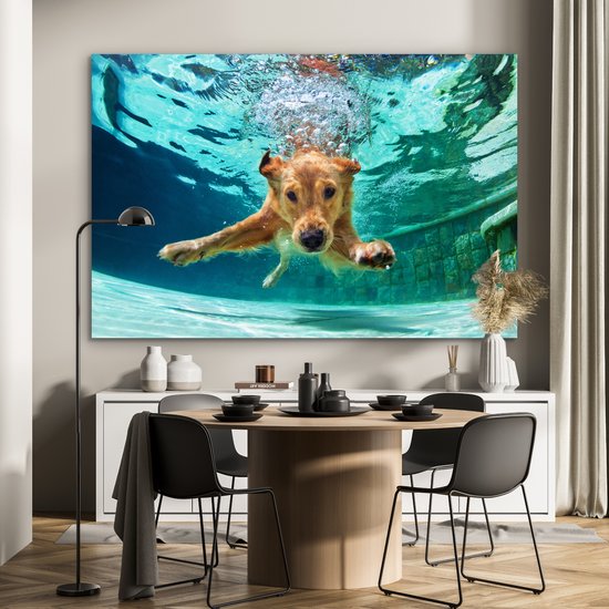 Décoration murale Métal - Peinture Aluminium Industriel - Piscine - Chien - Water - 150x100 cm - Dibond - Photo sur aluminium - Décoration murale industrielle - Pour le salon/chambre