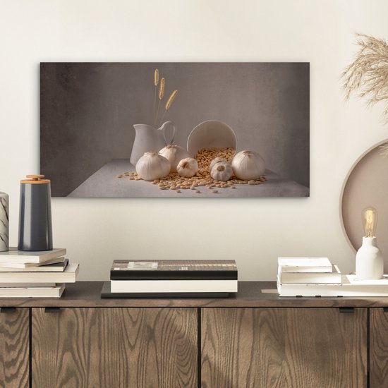 Aluminium schilderij 40x20 cm - Wanddecoratie metaal - Uien - Stilleven - Wit - Beige - Metalen muurdecoratie woonkamer - Decoratie industrieel - Foto op dibond - Industriële accessoires slaapkamer