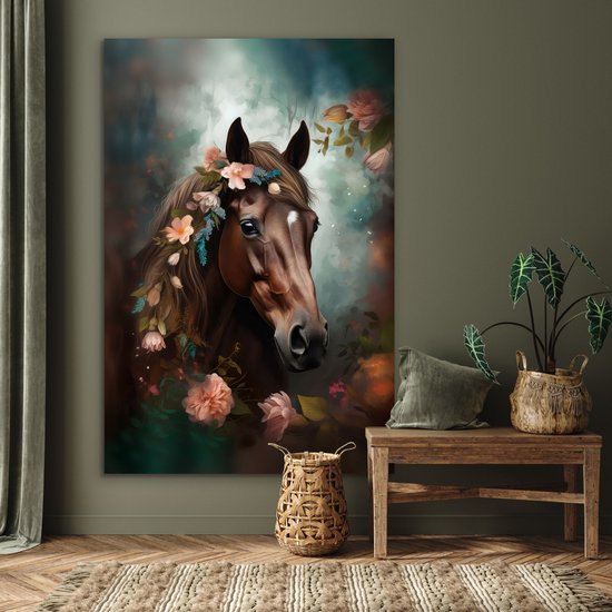 Aluminium schilderij 120x180 cm - Wanddecoratie metaal - Paard - Natuur - Bloemen - Dieren - Bos - Metalen muurdecoratie woonkamer - Decoratie industrieel - Foto op dibond - Industriële accessoires slaapkamer