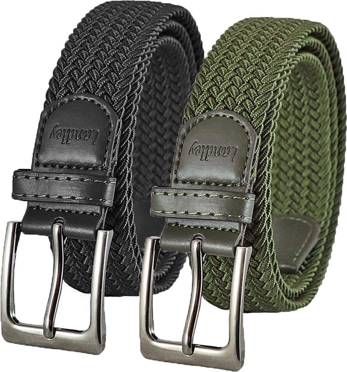 Landley Elastische Gevlochten Stretch Riemen Duopack - Voordeelset met 2 riemen - Dames en Heren - Zwart en Groen - Lengte totaal 110 cm / Riemmaat 95