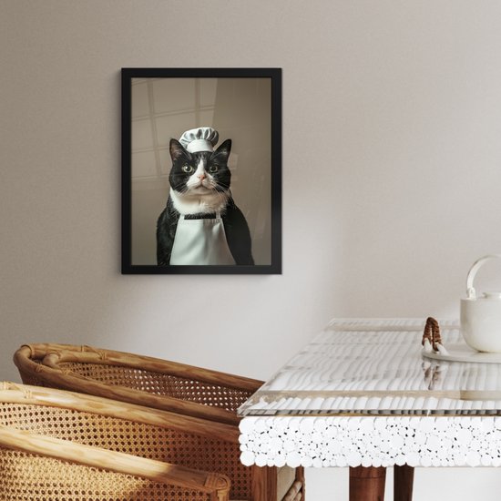 Poster in lijst - Fotolijst 30x40 cm - Posters - Kat - Kokskleding - Zwart - Wit - Posterlijst zwart - Decoratie - Wanddecoratie woonkamer - Muurdecoratie slaapkamer