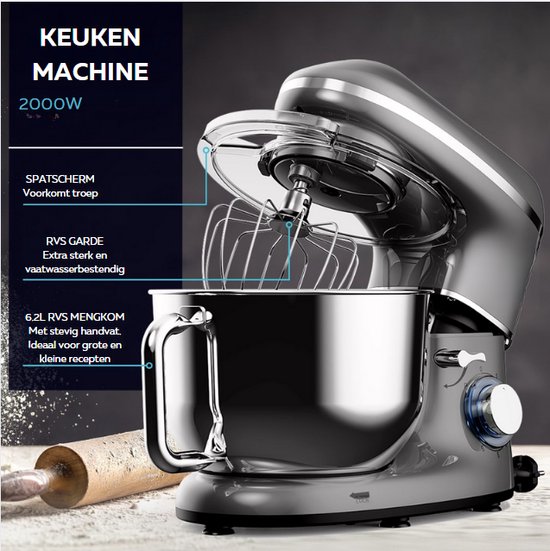 Mixer met Mengkom - Keukenmachinemixer Met 6 Snelheden - Mixer Keukenmachine Met 6.2L RVS Kom van GUTEC — afbeelding 3