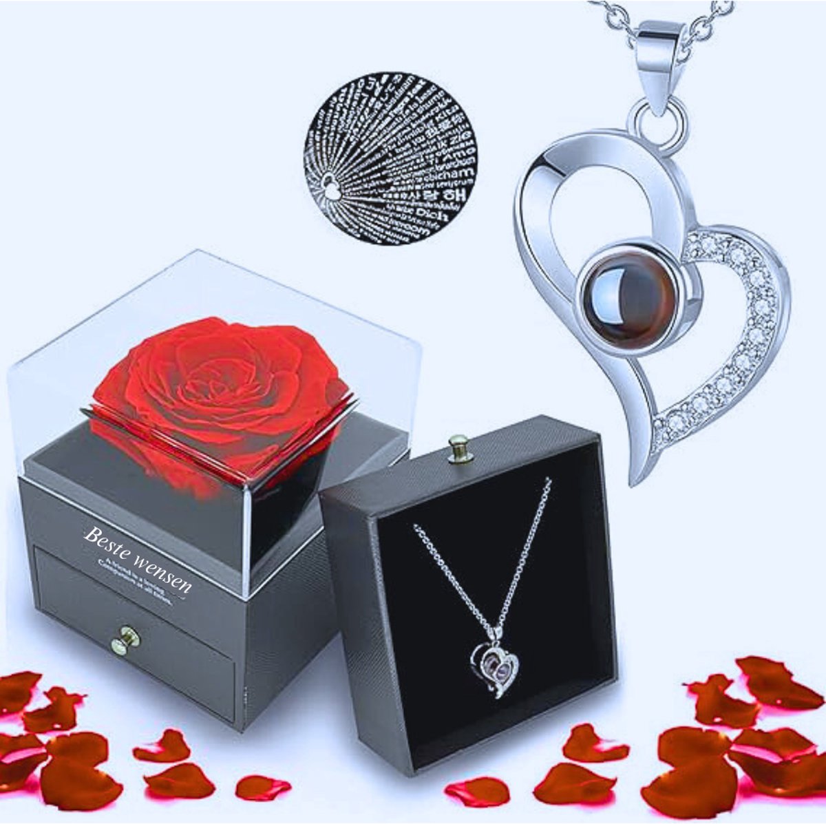 Unieke Roos Met 100 Talen 'Ik Hou van Jou' – Luxe Geschenkdoos Met Bloem Halsketting Voor Valentijnsdag - Jubileum Of Verjaardag