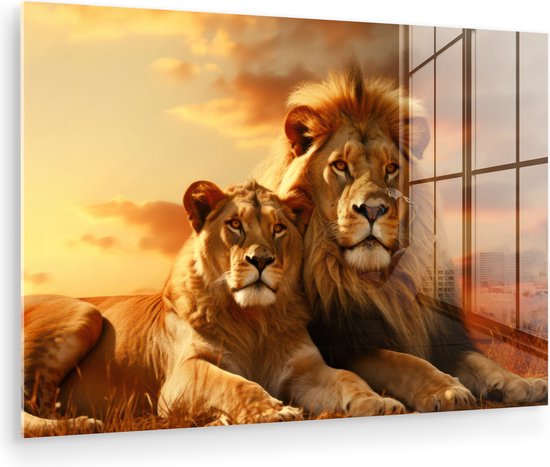 MuchoWow® Glasschilderij 120x80 cm - Schilderij acrylglas - Leeuwen - Zonsondergang - Afrika - Savanne - Dieren - Foto op glas - Muurdecoratie woonkamer - Wanddecoratie slaapkamer - Schilderijen