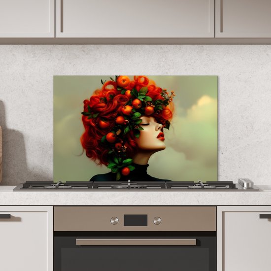 Crédence de Cuisinière en Aluminium 70x50 cm - Femme - Pommes - Rouge - Feuilles - Écran Pare-éclaboussures pour Plaque de Cuisson - Protection Murale