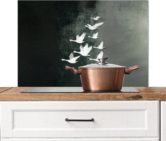 Crédence de Cuisinière en Aluminium 80x55 cm - Oiseau - Japandi - Vert - Écran Pare-éclaboussures pour Plaque de Cuisson - Protection Murale