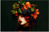Poster 30x20 cm - Vrouw - Rood - Groen - Druiven - Posters - Kamer decoratie - Wanddecoratie woonkamer - Muurdecoratie slaapkamer