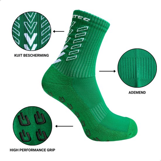 Chaussette verte avec des flèches indiquant la protection du mollet, la respirabilité et l'adhérence.