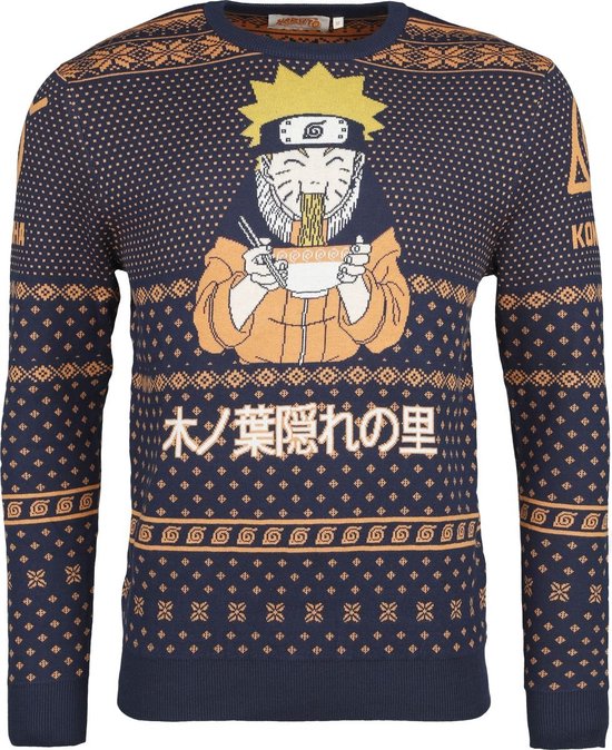 Donkerblauwe trui met oranje Naruto-afbeelding die noedels eet. Gebreid patroon met tekst.