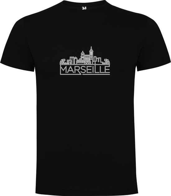 Zwart T-Shirt met “ Skyline Marseille – Vakantiegevoel – Strak – Modern “ Print Full Color Maat XL