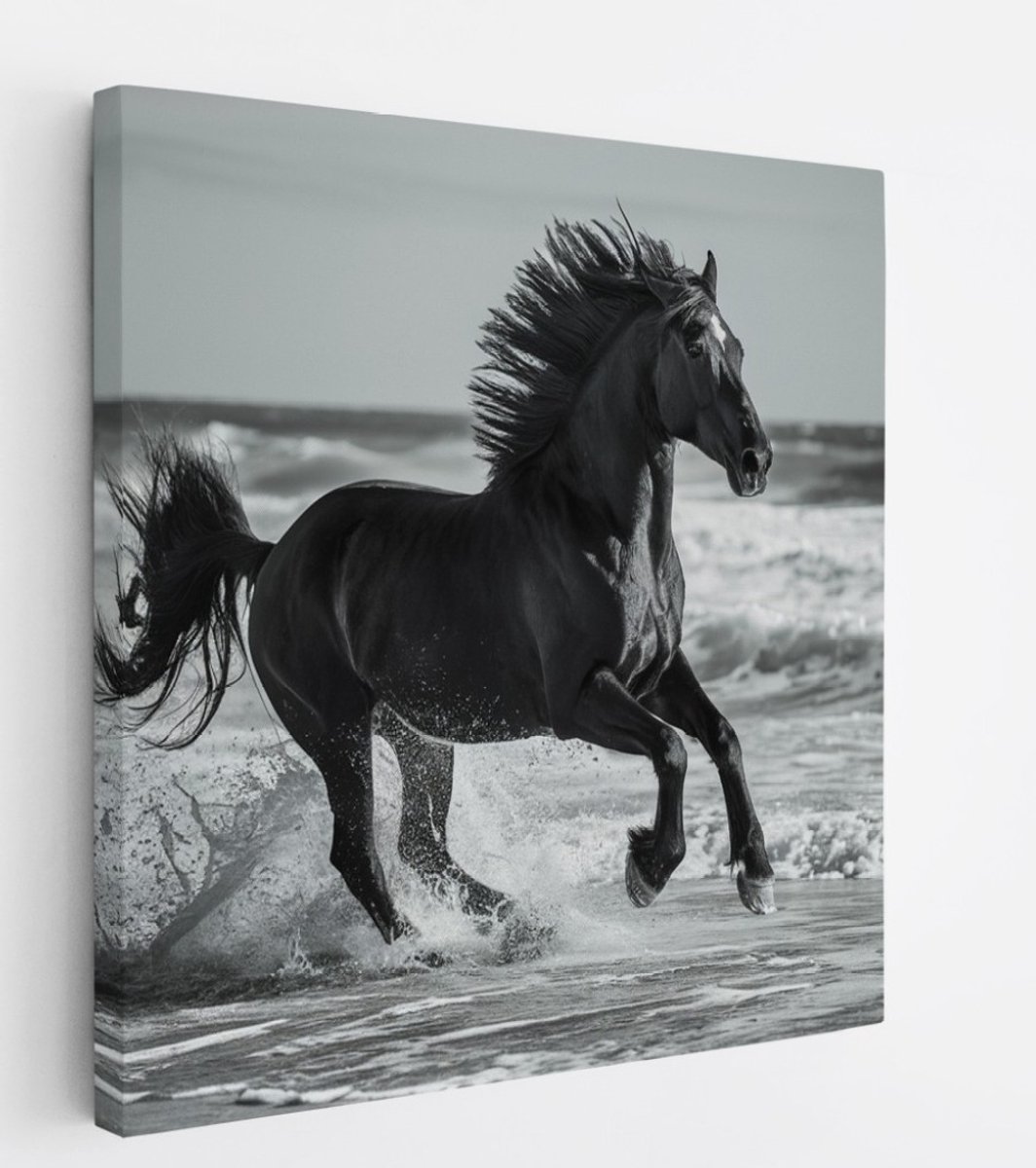 Saammp Canvas Schilderij - Paard in galop door de zee - Dieren - Natuur - 60x60 - Foto op canvas - Wanddecoratie - muurdecoratie Woonkamer - Slaapkamer decoratie - Canvas Print Multicolor