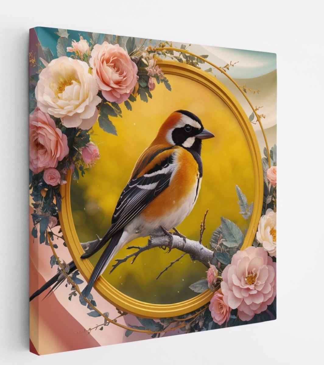Saammp Canvas Schilderij - Vogel met Bloemen - Abstract - 30x30 - Foto op canvas - Wanddecoratie - Muurdecoratie Woonkamer - Kantoor Decoratie Multicolor