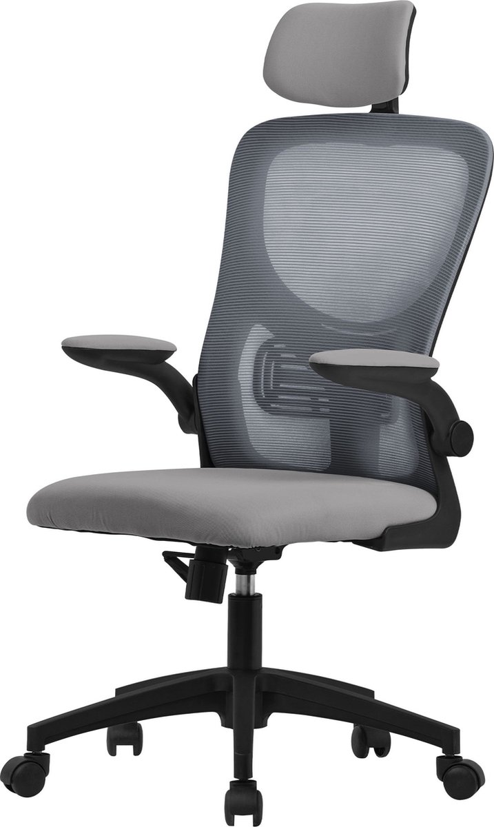 Ergonomische bureaustoel grijs netweefsel met verstelbare hoofdsteun en wielen ML design