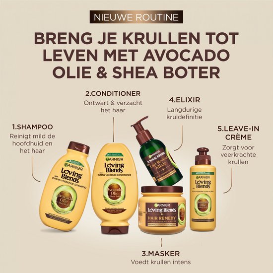Garnier Loving Blends productlijn met avocado olie en shea boter, inclusief shampoo, conditioner, masker en elixir.