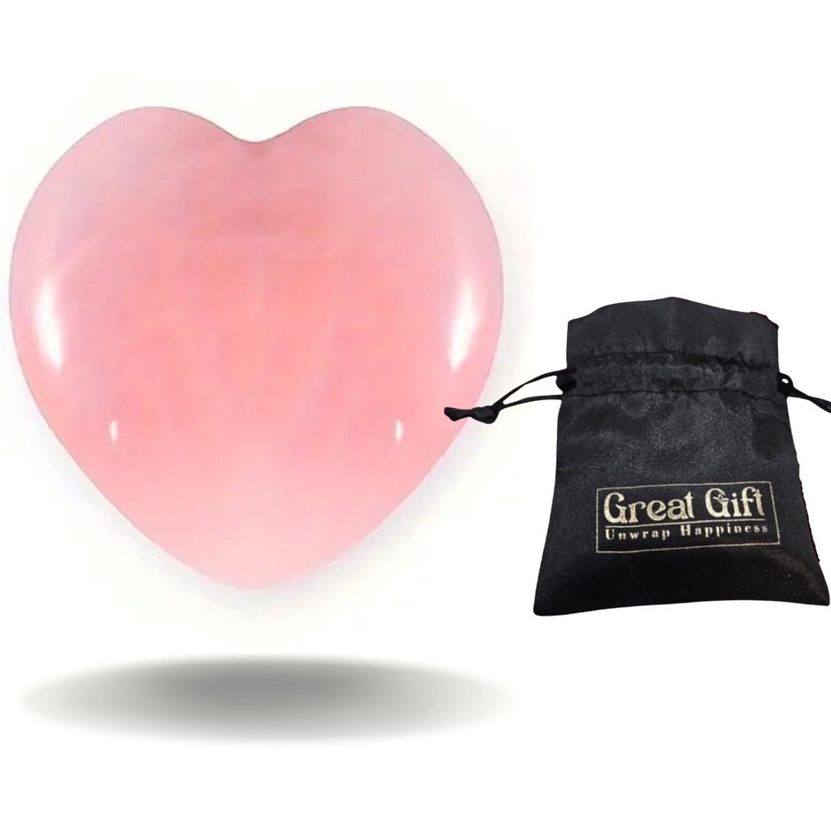 GreatGift- Uniek Cadeau Rozenkwarts Hart - Edelsteen - 3 cm - Valentijn - Romantisch cadeau - Gepolijst Kristal in Satijnen Sieraden Zakje