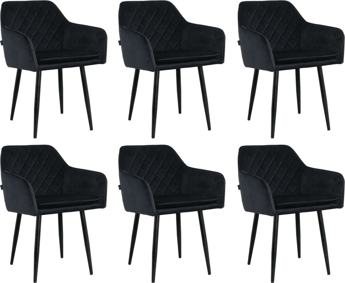 Lina Noble Eetkamerstoelen - Zwart - Set van 6 - Velvet