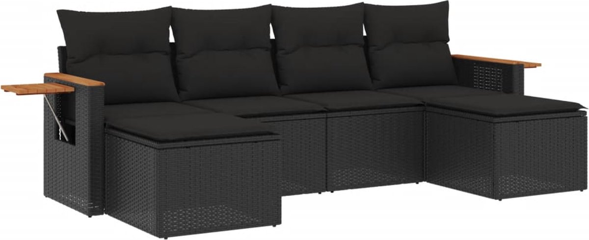 The Living Store 6-delige Loungeset met kussens poly rattan zwart - Loungebank - Lounge Set - Tuinset - Buitendecoratie - Tuinlounge