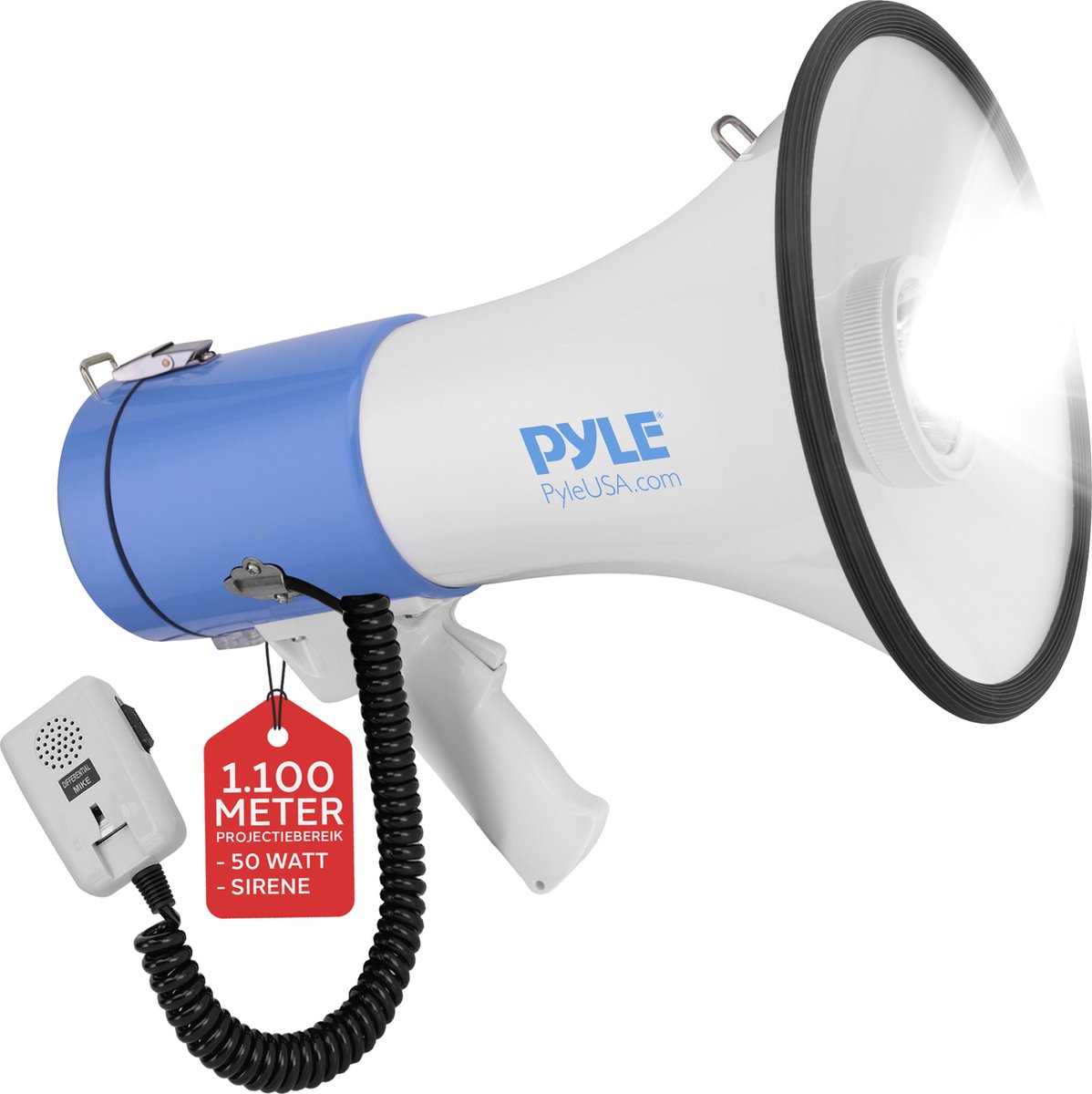 Pyle Megafoon Luidspreker - Compact PA Bullhorn - Luidsprekerhoorn - Draagbare Luidspreker met Sirene en LED Zaklamp - Verstelbaar Volume - Afneembare Microfoon - 50 Watt
