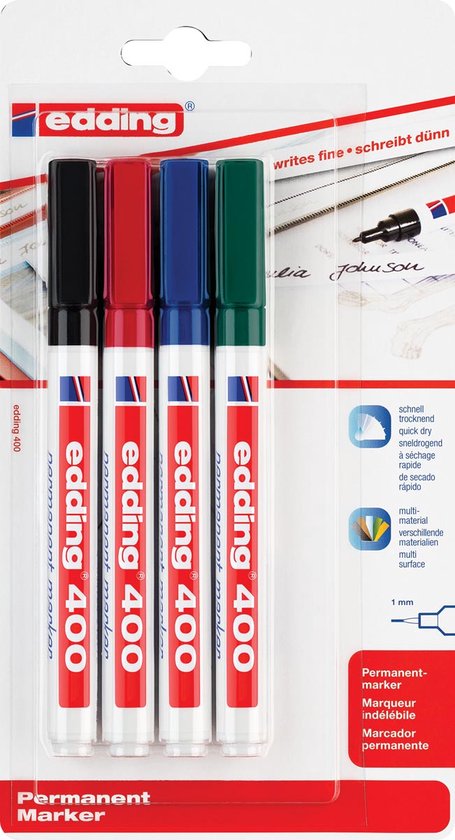 Verpakking met vier Edding 400 permanente markers in zwart, rood, blauw en groen. Schrijft dun.