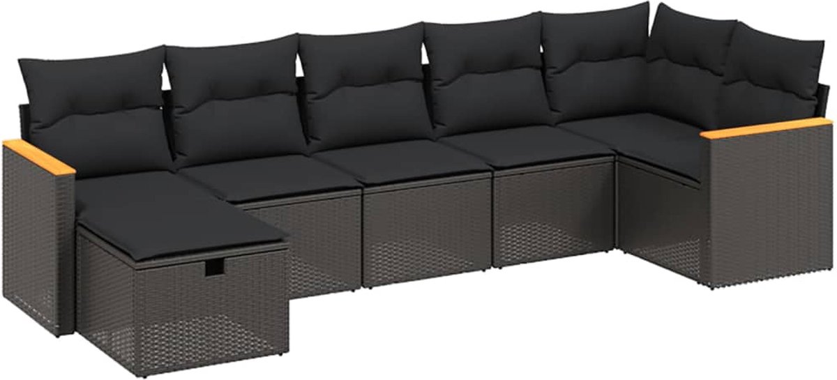 The Living Store 7-delige Loungeset met kussens poly rattan zwart - Loungeset - Tuinset - Lounge - Outdoor Furniture - Tuinmeubels