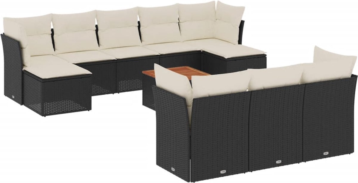 Zwarte poly rattan loungeset met kussens voor tuinlounge - Buitendecoratie.