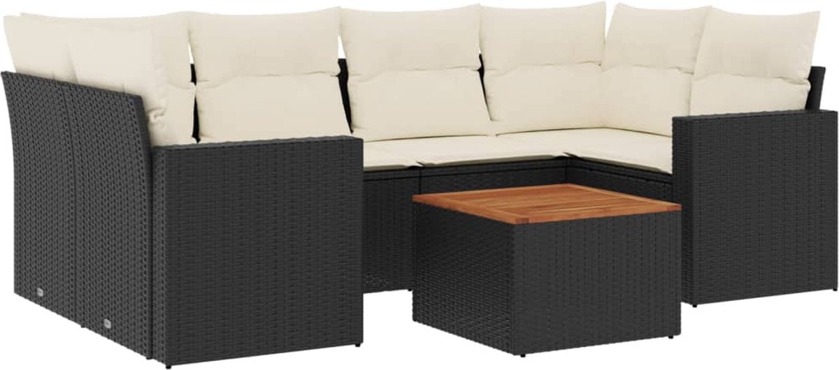 Zwarte poly rattan loungeset met kussens voor buitendecoratie.