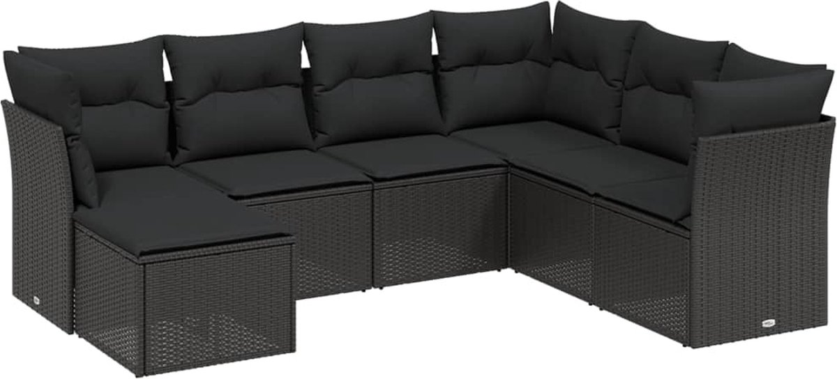 Zwarte poly rattan loungeset met kussens voor tuindecoratie - The Living Store.