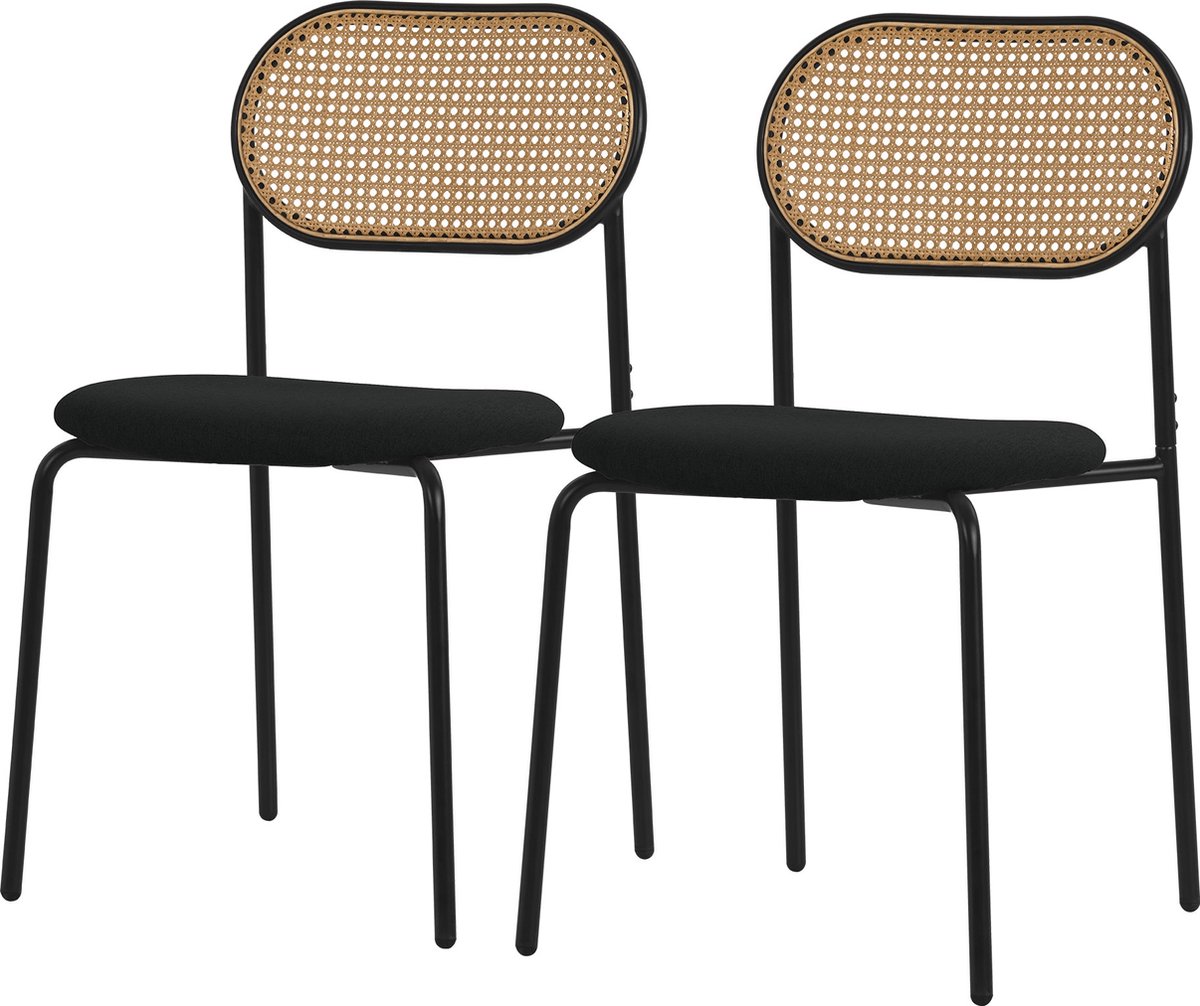 ml-design eetkamerstoelen set 2 zwart gestoffeerde keukenstoelen met rotan rugleuning zonder armleuningen retro dining stoelen duurzame metalen poten comfortabele eettafelstoelen woonkamerstoelen gestoffeerde stoelen keukenstoelen moderne design