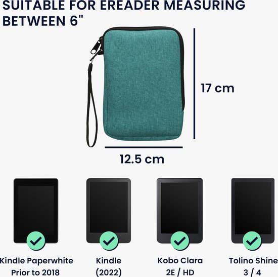 kwmobile universele e-reader hoes geschikt voor 6" eReader hoesje - Stoffen cover voor eReader 17 x 12 x 2 cm - E reader sleeve met rits - In petrol van kwmobile — afbeelding 5