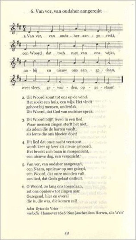 Muziekblad met bladmuziek voor het lied 'Van ver, van oudsher aangereikt'.