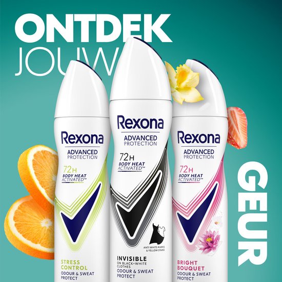 Drie Rexona deodorants: 'Stress Control' met groene accenten en sinaasappel, 'Invisible' met zwarte accenten en een citroen, en 'Bright Bouquet' met roze accenten en aardbei.