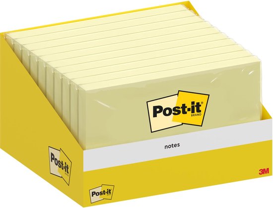 Verpakking Post-it Notes geel in een display, 3M logo.