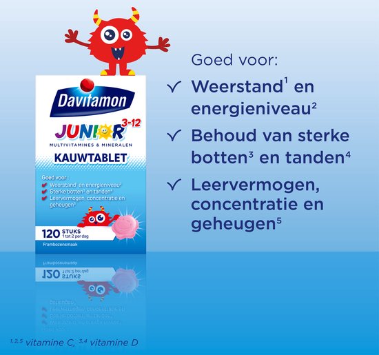 Davitamon Junior 3+ kauwvitamines - multivitamine kinderen - framboos - 120 stuks