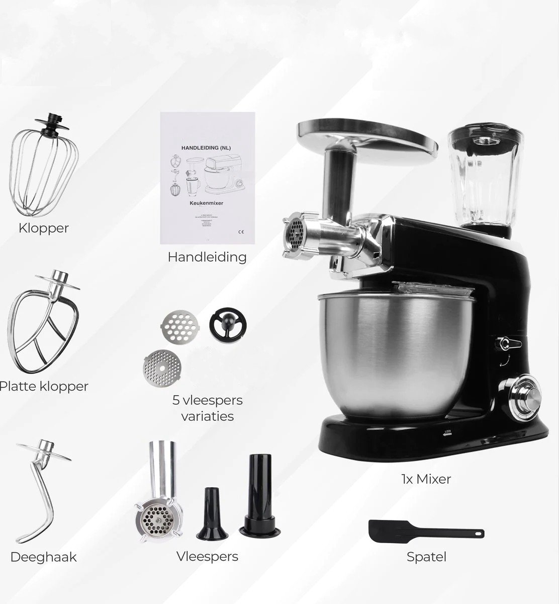 Royalty Line® PKM2100BG 3 in 1 Keukenmachine - 7.5 L Keukenrobot - Krachtig 2100W Foodprocessor - Keukenmixer Met Blender & Vleesmolen - Zwart — afbeelding 6