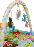 Baby speelboog met turkoois en oranje dinosaurus speeltjes, spiegeltje en dierenprint.