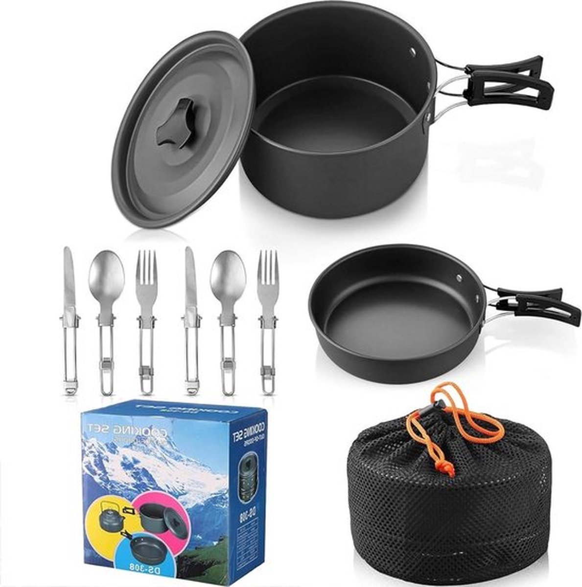 Draagbare aluminium campingkookset - Campingpotten en pannenset voor 2 personen - Lichtgewicht kookgerei set voor buiten koken - Duurzame campingkookapparatuur - Kamperen, wandelen etc.
