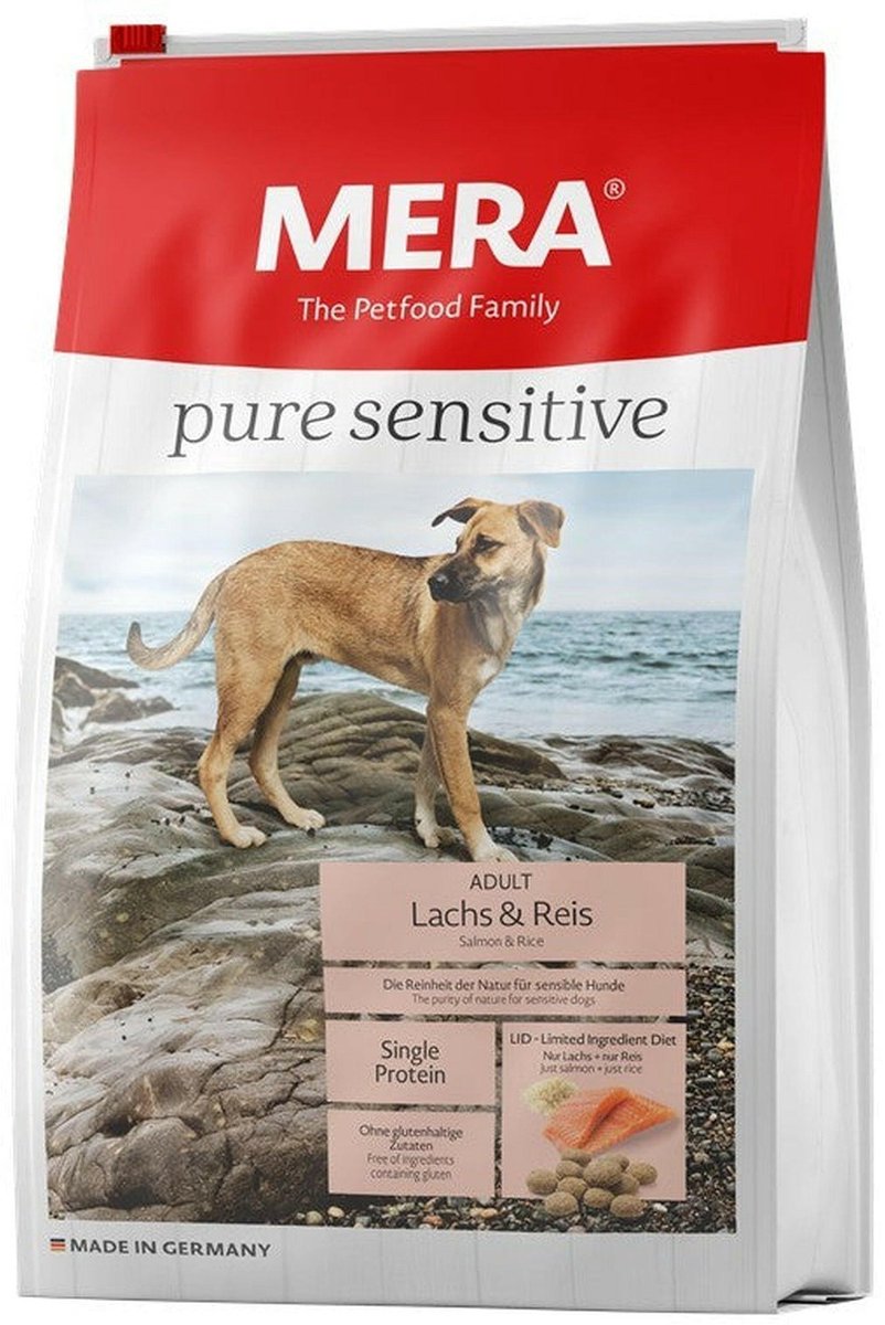 MERA pure sensitive salmon & rice, droogvoer voor gevoelige honden, droogvoer gemaakt van zalm en rijst, voer voor volwassen honden, zonder tarwe en suiker (12,5 kg), per stuk